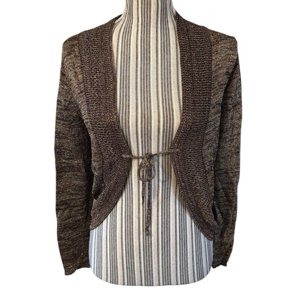 Chico's Cardigan Small Brown Gold Metallic Knit Open Tie-Front Long Sleeves